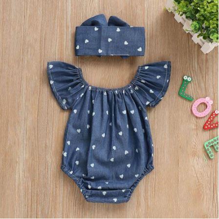 Blue Heart Romper Bow Headband Set