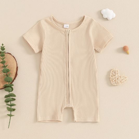 Solid Ribbed Zipper Onesie
