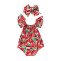 Baby Girl Watermelon Romper Set — 
Summer Ruffle Bodysuit with 
Matching Headband