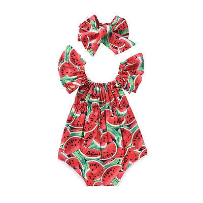 Baby Girl Watermelon Romper Set — 
Summer Ruffle Bodysuit with 
Matching Headband