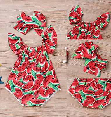 Baby Girl Watermelon Romper Set — 
Summer Ruffle Bodysuit with 
Matching Headband