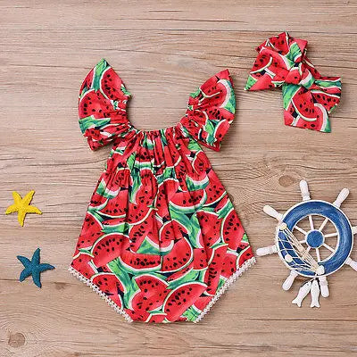 Baby Girl Watermelon Romper Set — 
Summer Ruffle Bodysuit with 
Matching Headband
