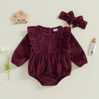 Solid Ribbed Velvet Romper & Bow