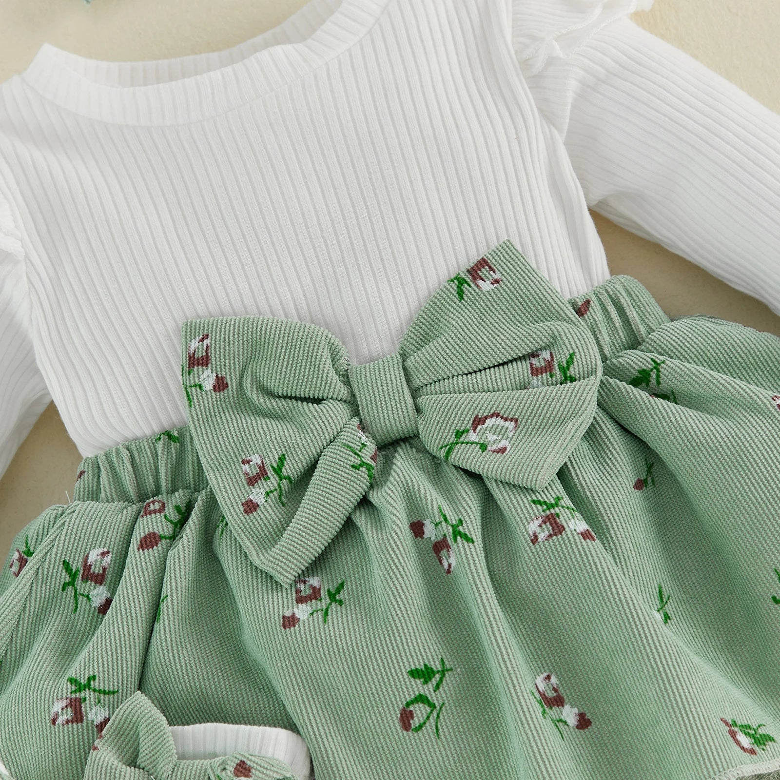 Baby Girl Floral Long Sleeve Romper Dress with Bow Headband and Stockings 3 Pcs Set