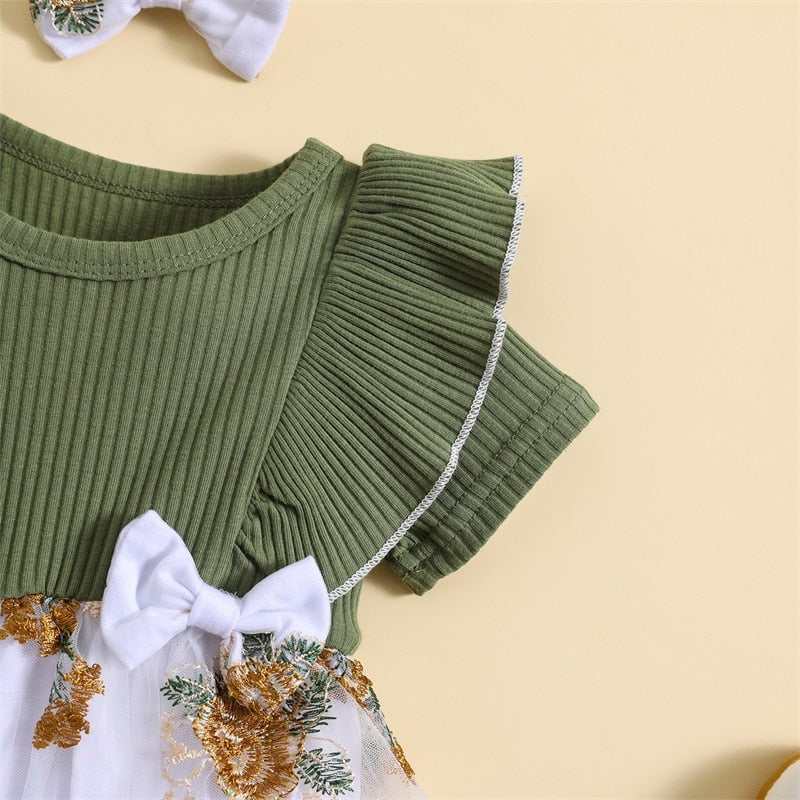Floral Embroidered Bow Dress & Headband