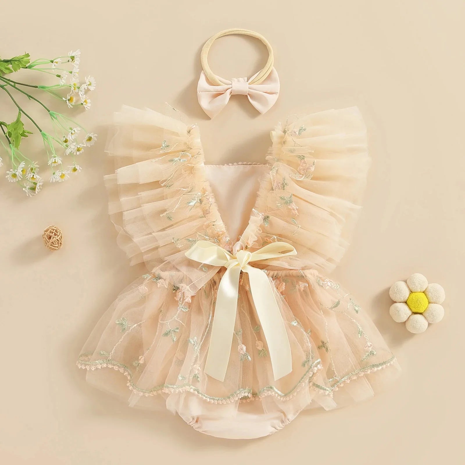 Floral Embroidered Skirt Romper & Headband