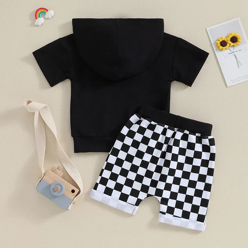 Hoodie T-shirt Checkered Shorts Set