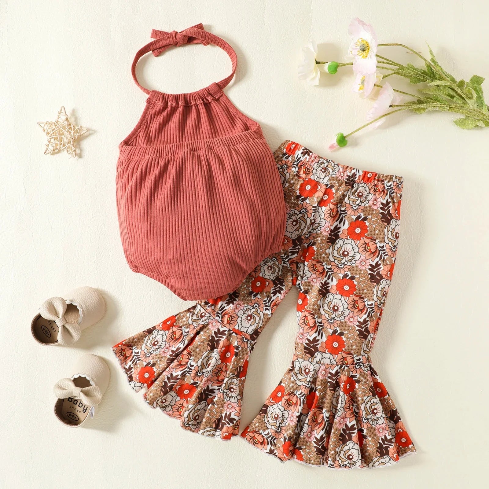 Halter Onesie & Floral Bell Bottoms Outfit