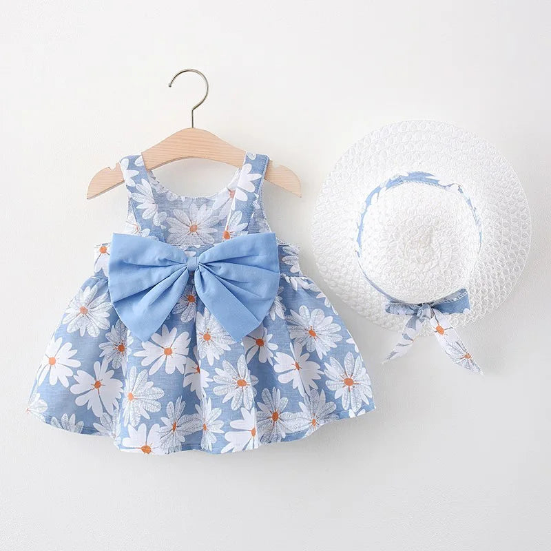 Baby Girl Daisy Bow Dress with Sun Hat
