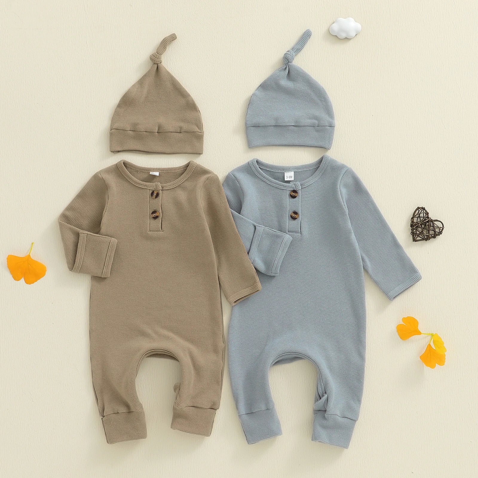 Solid Waffel Knite Romper & Hat