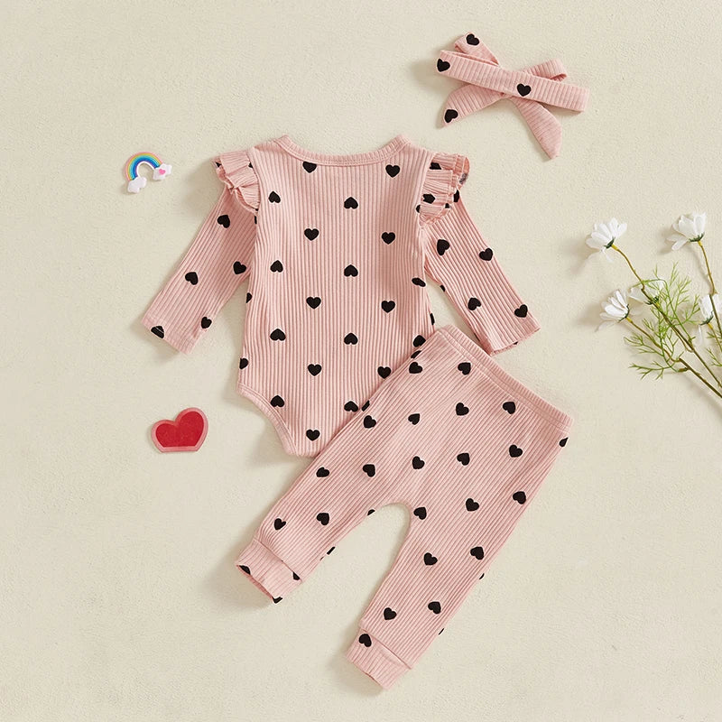 Heart Polka Dot Ribbed Ruffles Outfit & Headband