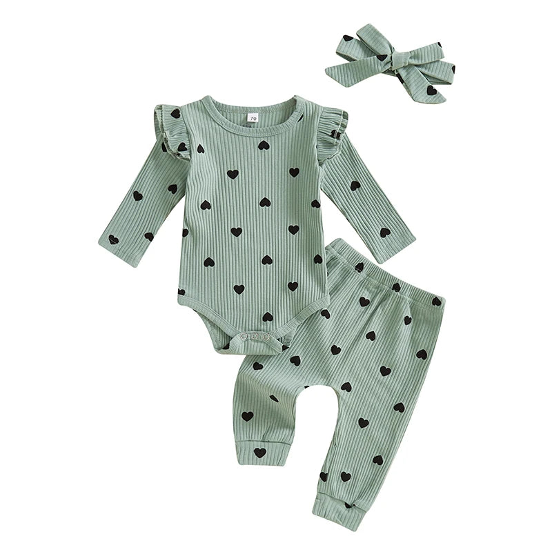 Heart Polka Dot Ribbed Ruffles Outfit & Headband