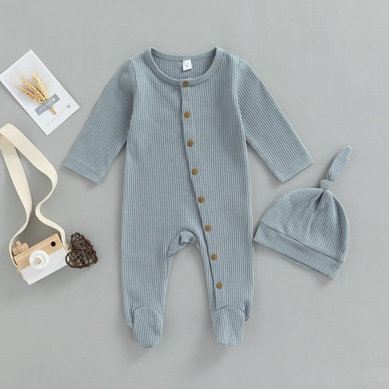 Button Baby Solid Footie Onesie with Hat