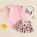 Ruffle Sleeve Plaid Skirt Outfit & Headband