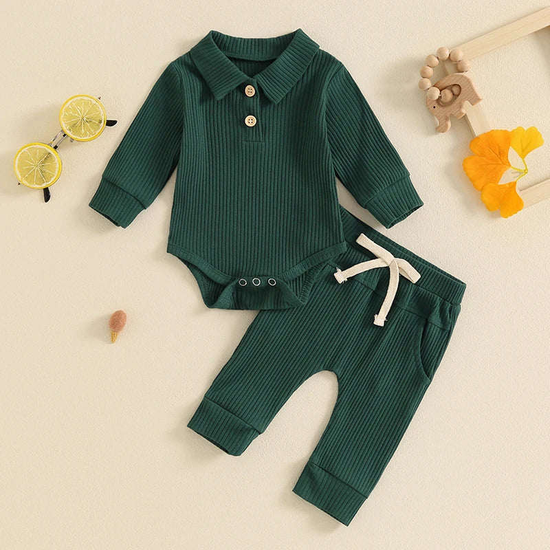 Solid Ribbed Collared Button Outfit