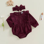 Solid Ribbed Velvet Romper & Bow