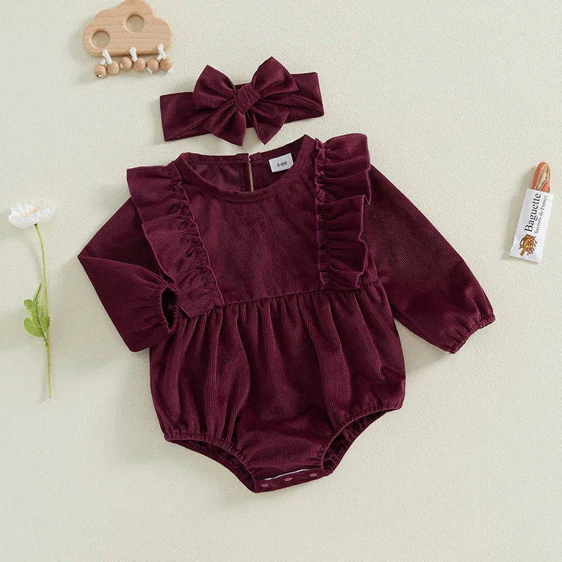 Solid Ribbed Velvet Romper & Bow