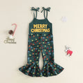 Toddler Girls Ribbed Christmas Suspender Jumpsuit – Embroidered Lettering & String Lights Flare Overalls