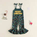 Toddler Girls Ribbed Christmas Suspender Jumpsuit – Embroidered Lettering & String Lights Flare Overalls
