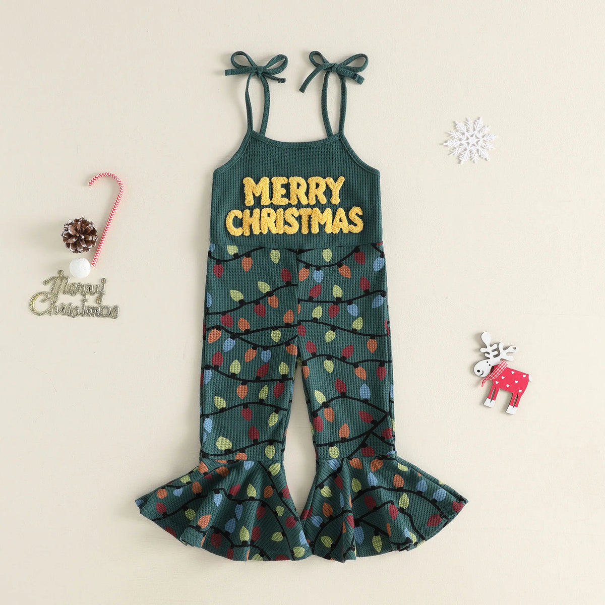 Toddler Girls Ribbed Christmas Suspender Jumpsuit – Embroidered Lettering & String Lights Flare Overalls