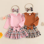 Ruffle Sleeve Plaid Skirt Outfit & Headband