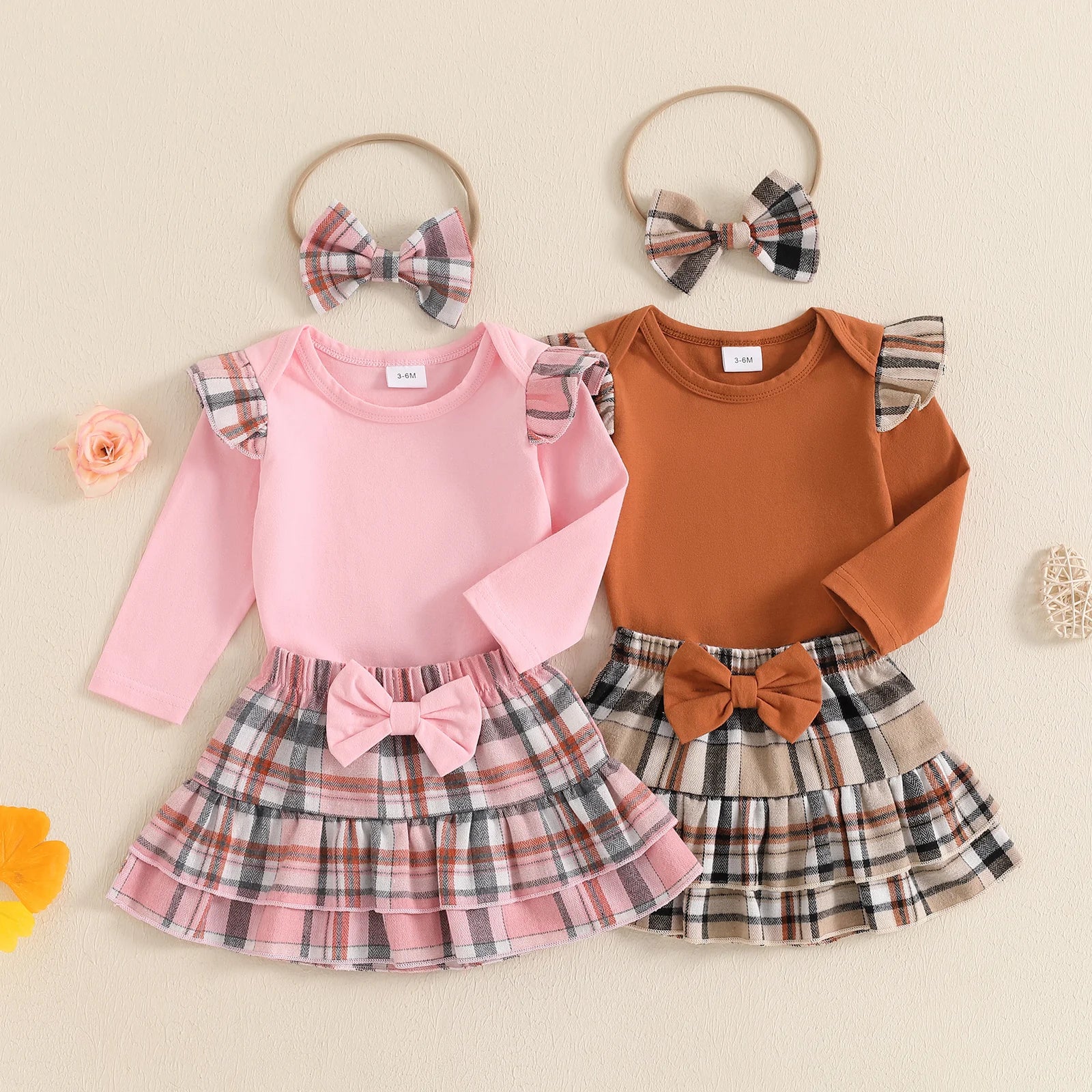 Ruffle Sleeve Plaid Skirt Outfit & Headband