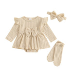 Solid Knit Bow Dress with Socks & Headband