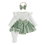 Baby Girl Floral Long Sleeve Romper Dress with Bow Headband and Stockings 3 Pcs Set