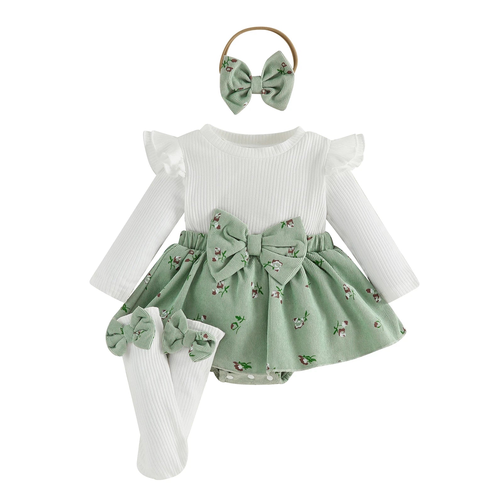 Baby Girl Floral Long Sleeve Romper Dress with Bow Headband and Stockings 3 Pcs Set