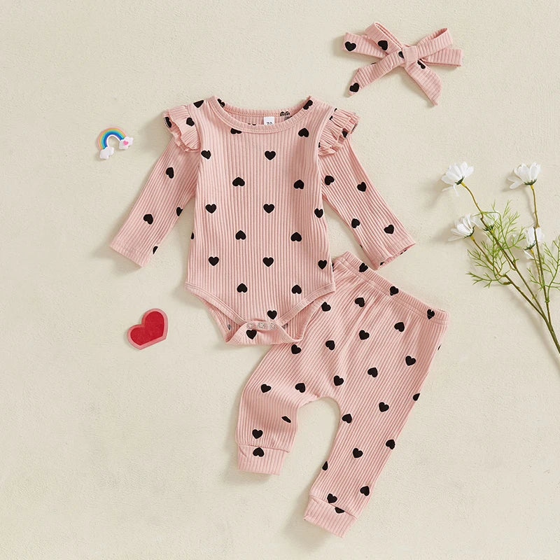Heart Polka Dot Ribbed Ruffles Outfit & Headband