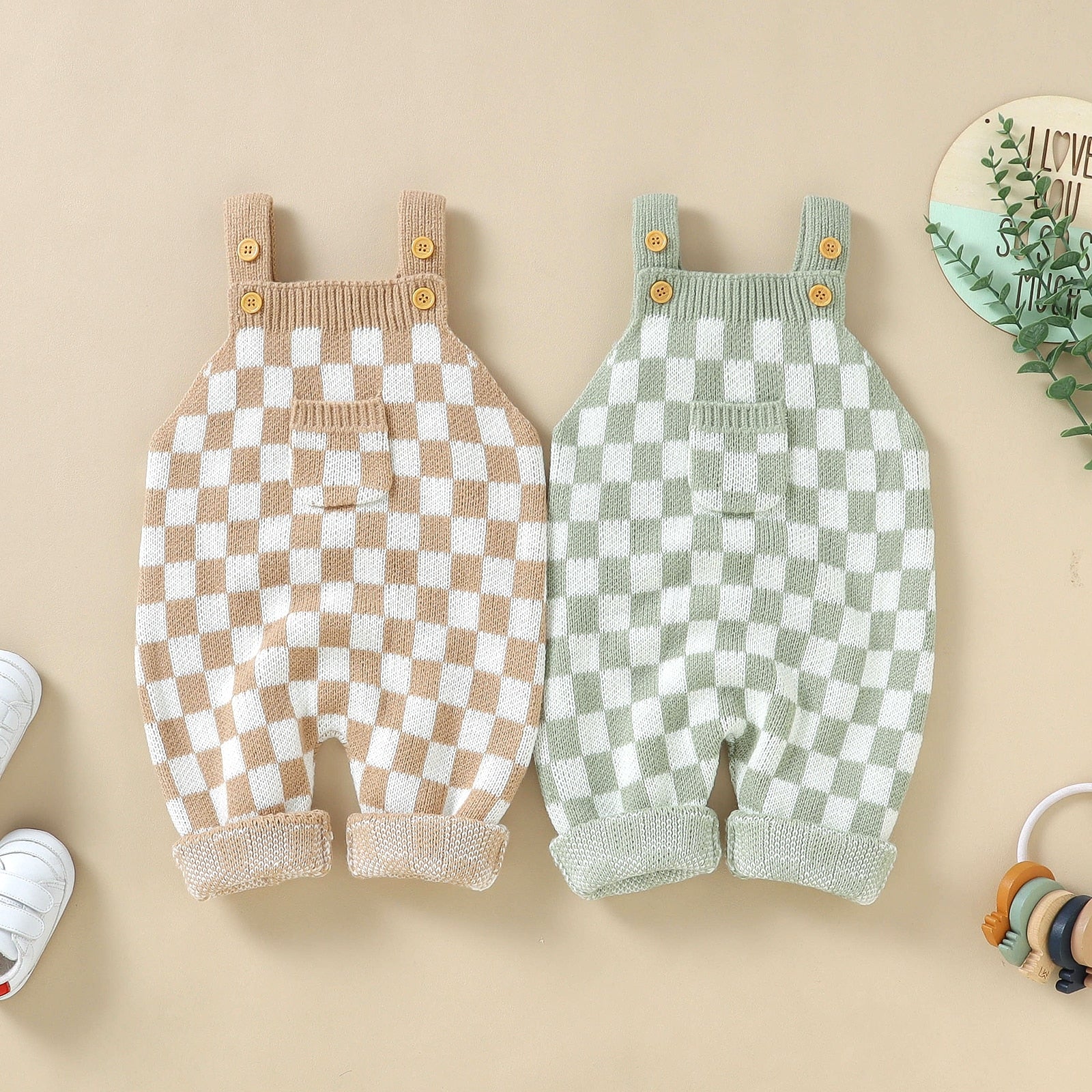 Knitted Checkered Pocket Romper