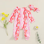 Wavy Flowers Ruffled Footie Onesie & Bow