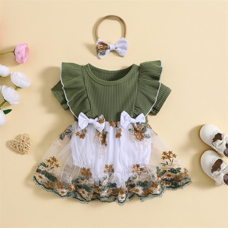 Floral Embroidered Bow Dress & Headband