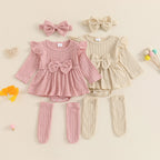 Solid Knit Bow Dress with Socks & Headband