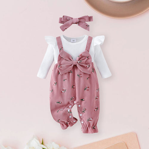 Baby Girl Floral Bow Jumpsuit & Headband Set