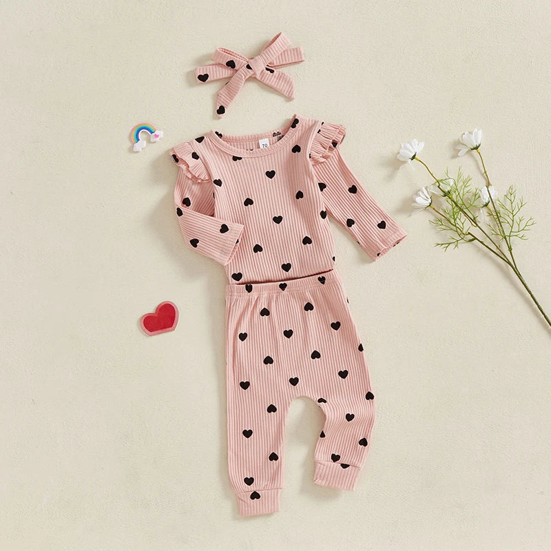 Heart Polka Dot Ribbed Ruffles Outfit & Headband