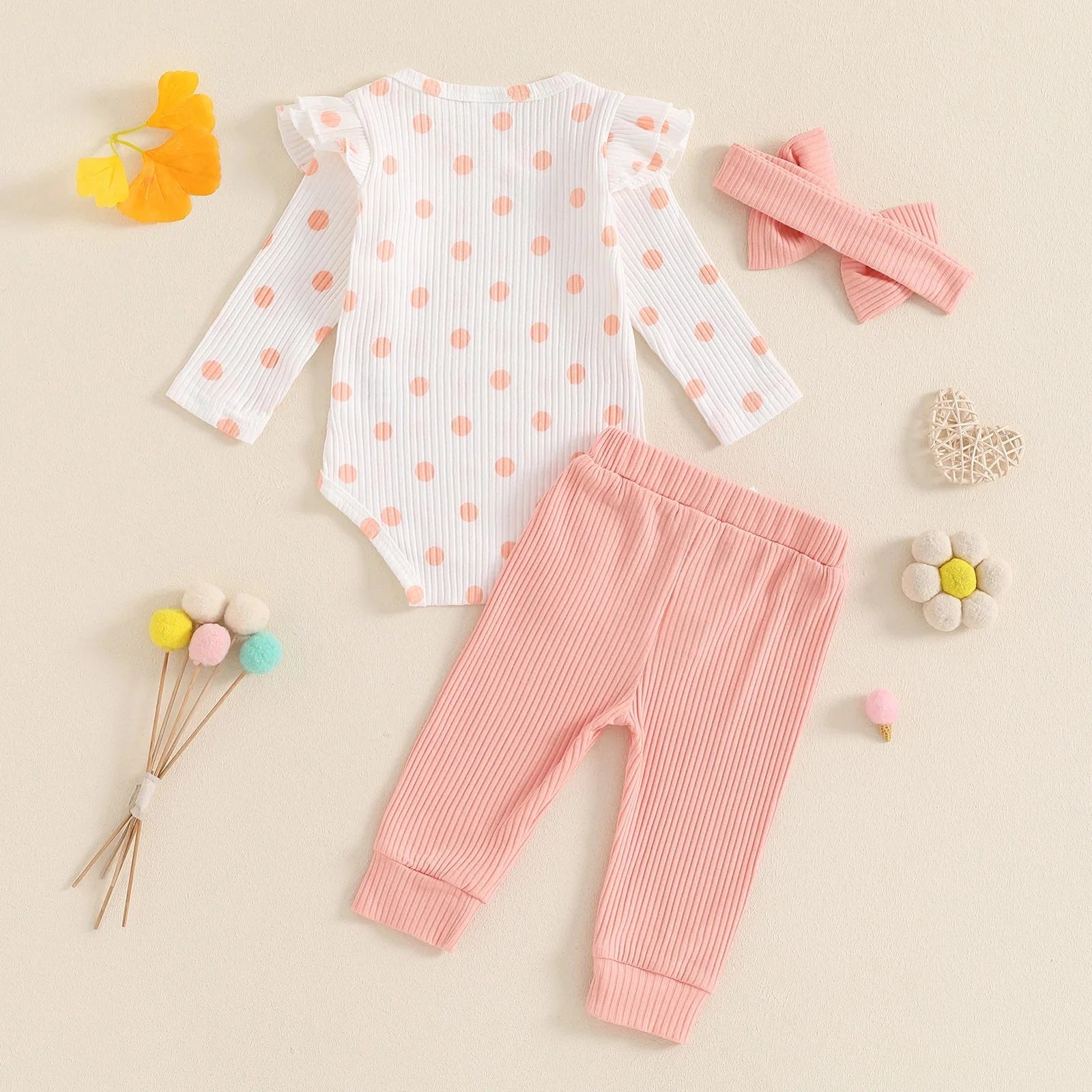 Polka Dot Ribbed Ruffles Outfit & Headband