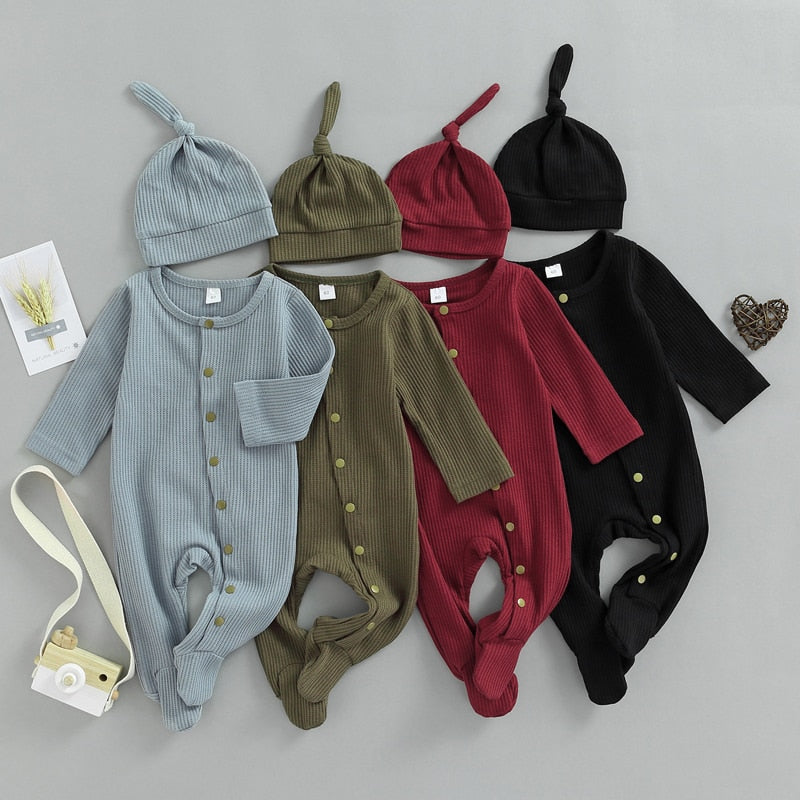 Button Baby Solid Footie Onesie with Hat