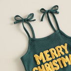 Toddler Girls Ribbed Christmas Suspender Jumpsuit – Embroidered Lettering & String Lights Flare Overalls