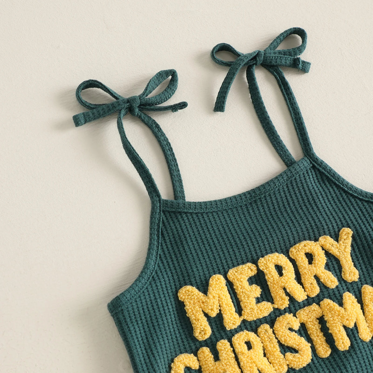 Toddler Girls Ribbed Christmas Suspender Jumpsuit – Embroidered Lettering & String Lights Flare Overalls