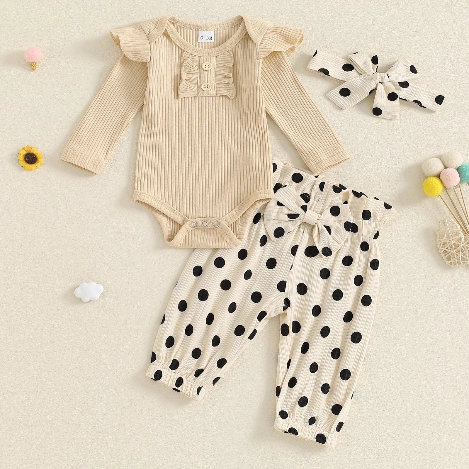 Ribbed Ruffle Polka Dot Outfit & Bow