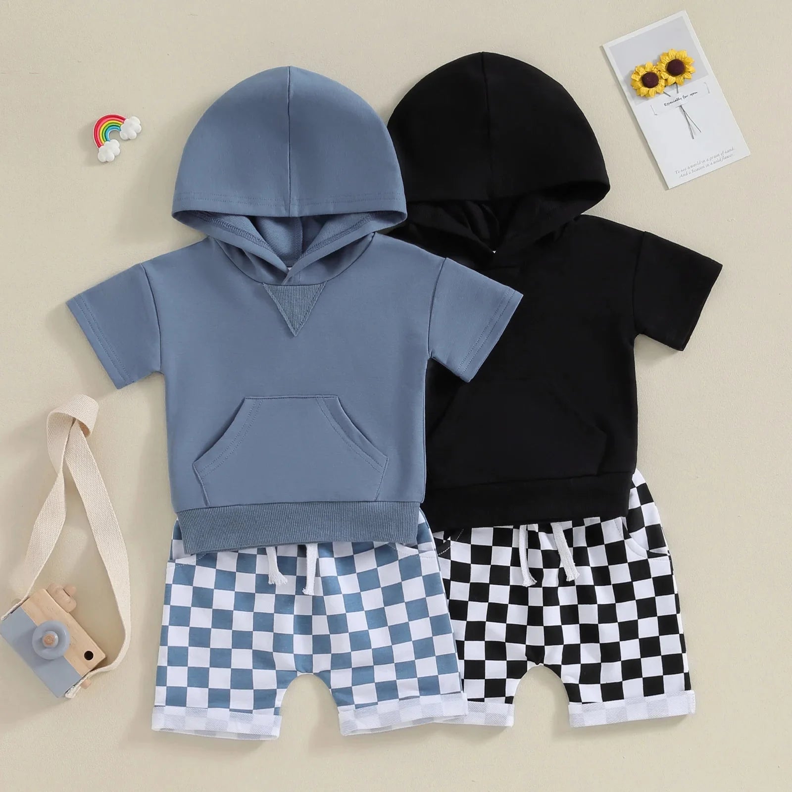 Hoodie T-shirt Checkered Shorts Set