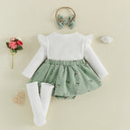 Baby Girl Floral Long Sleeve Romper Dress with Bow Headband and Stockings 3 Pcs Set