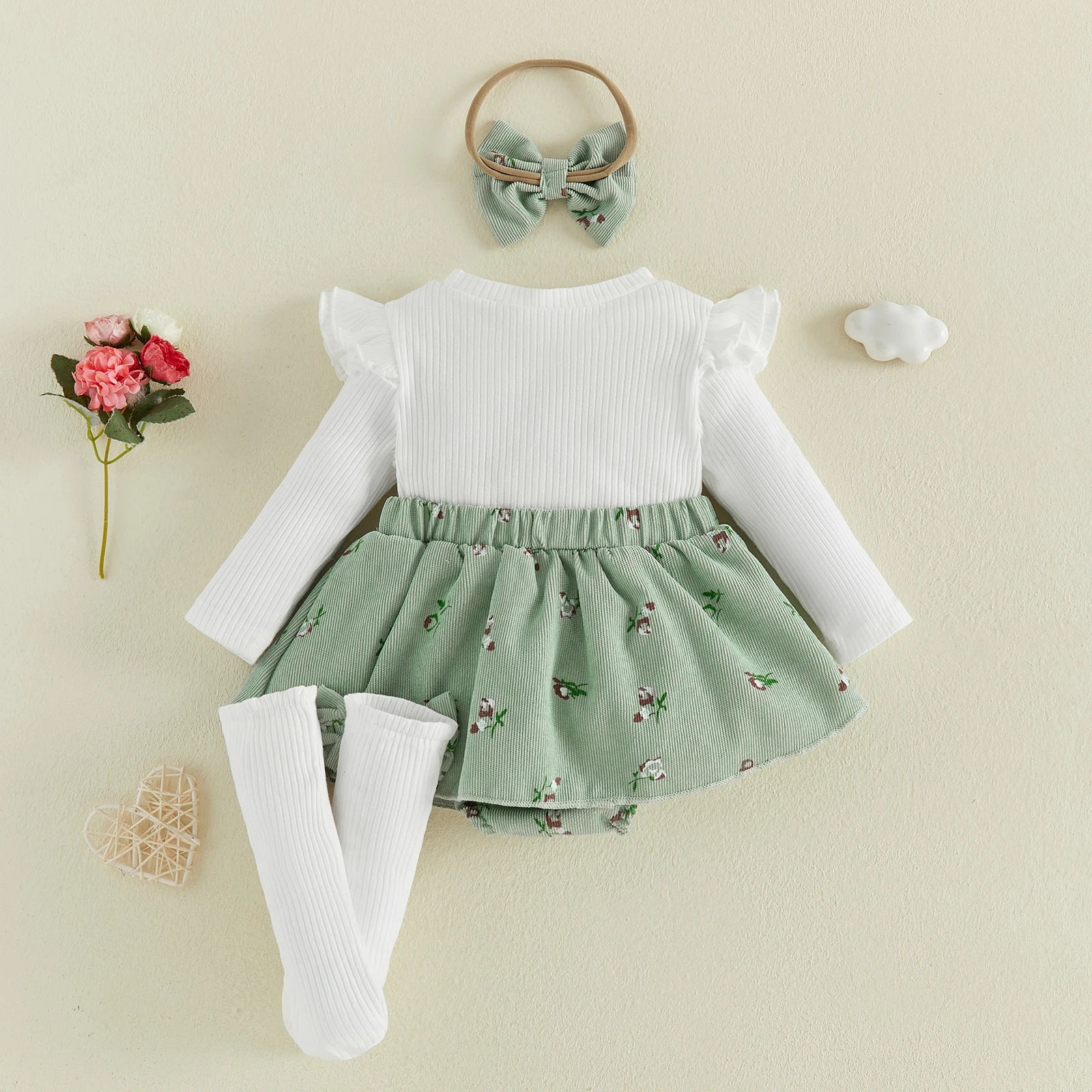 Baby Girl Floral Long Sleeve Romper Dress with Bow Headband and Stockings 3 Pcs Set