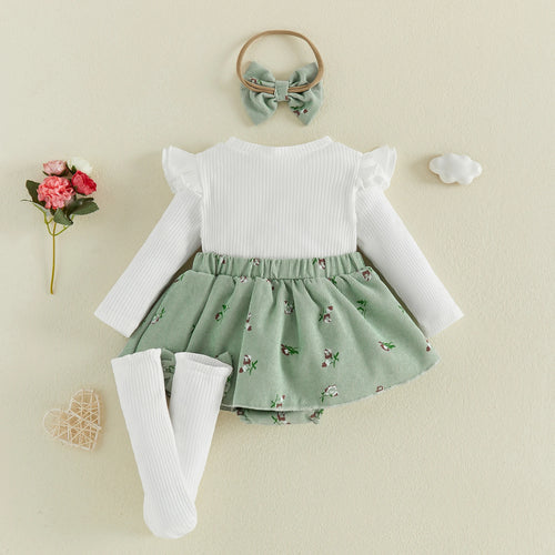 Baby Girl Floral Long Sleeve Romper Dress with Bow Headband and Stockings 3 Pcs Set