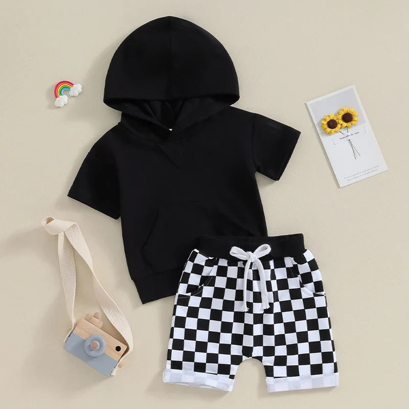 Hoodie T-shirt Checkered Shorts Set