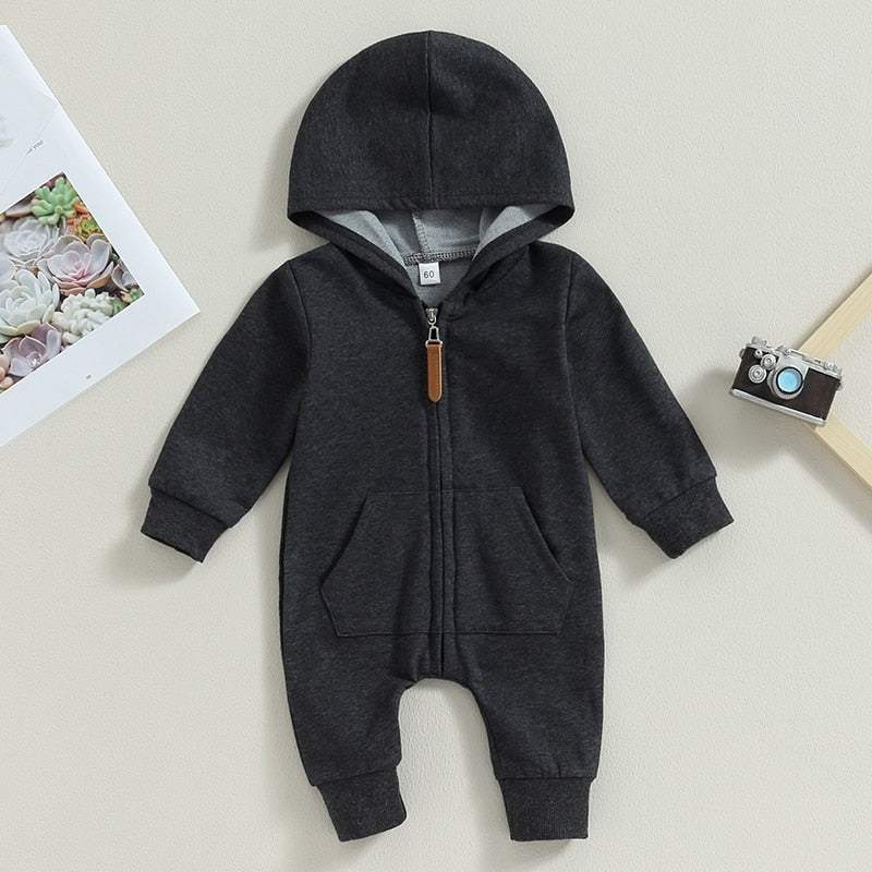 Solid Hoodie Zipper Romper