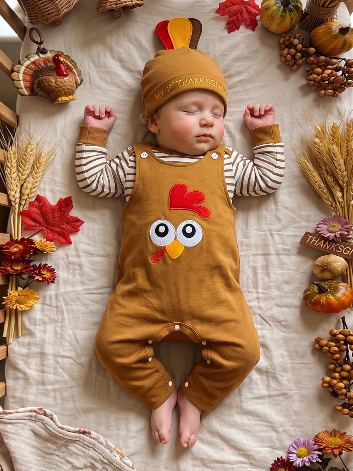 Thanksgiving Outfit Striped Rompers and Turkey Overalls with Hat