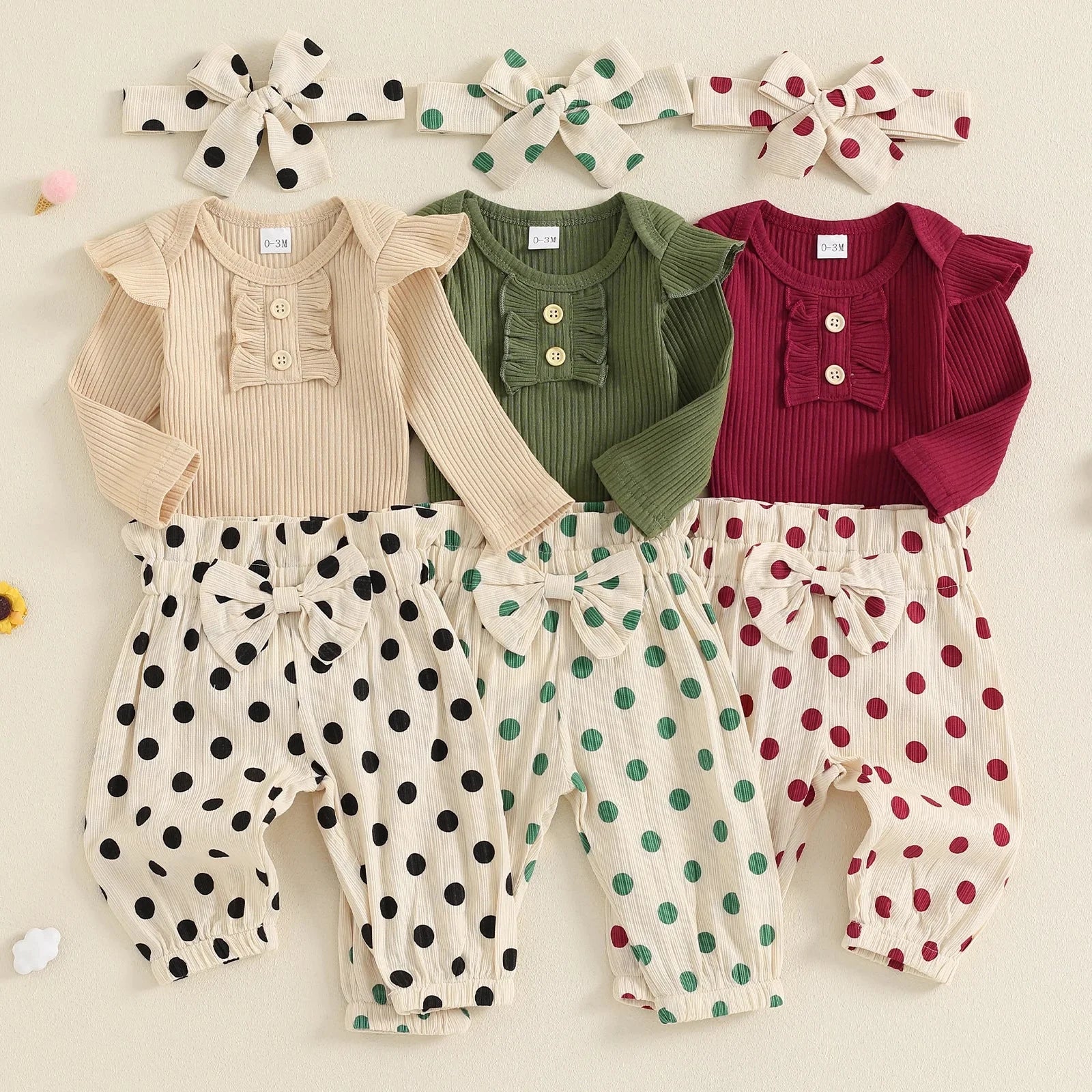 Ribbed Ruffle Polka Dot Outfit & Bow