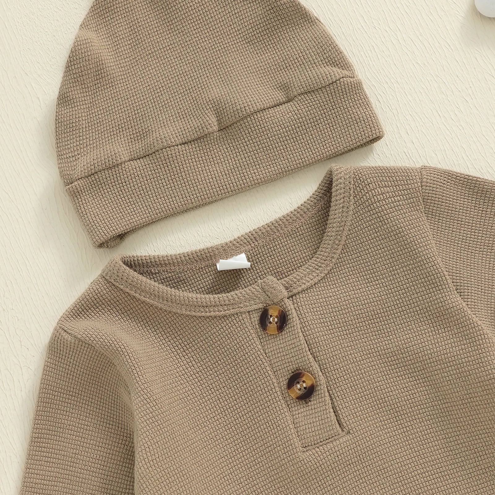 Solid Waffel Knite Romper & Hat